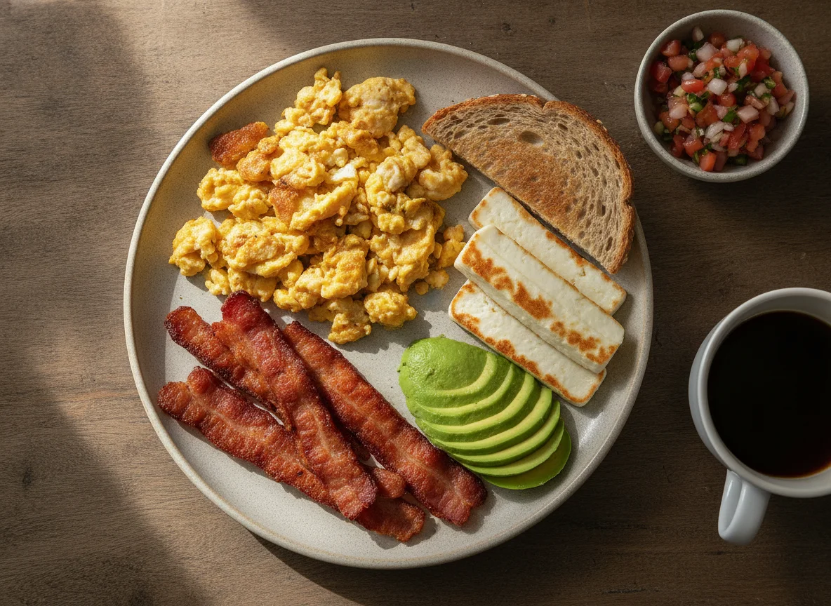 Desayuno con huevos, tocino, aguacate y queso photo