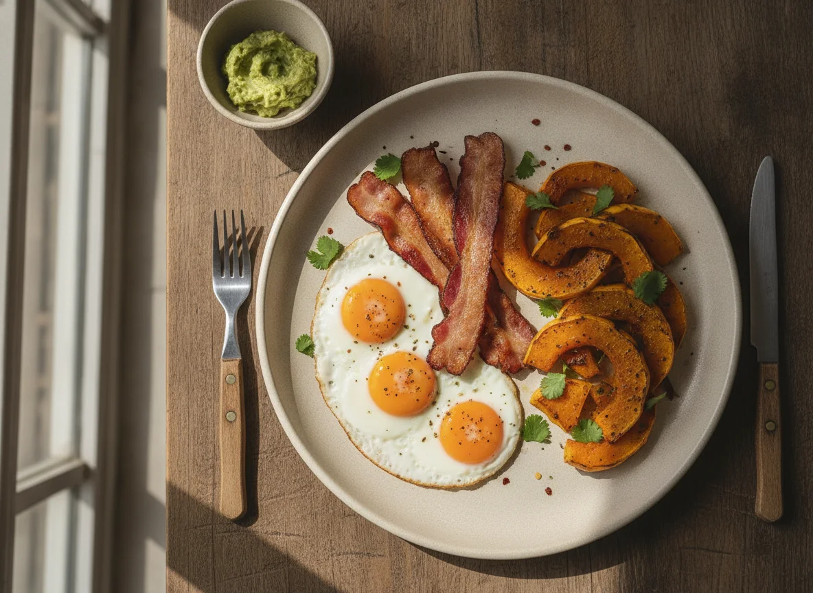 Desayuno con huevos, tocino y calabaza photo