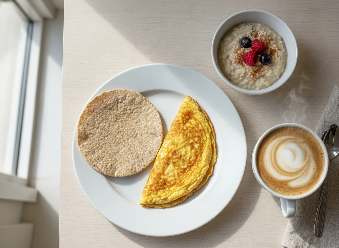 Desayuno con huevos, tortilla integral, avena y café con leche photo