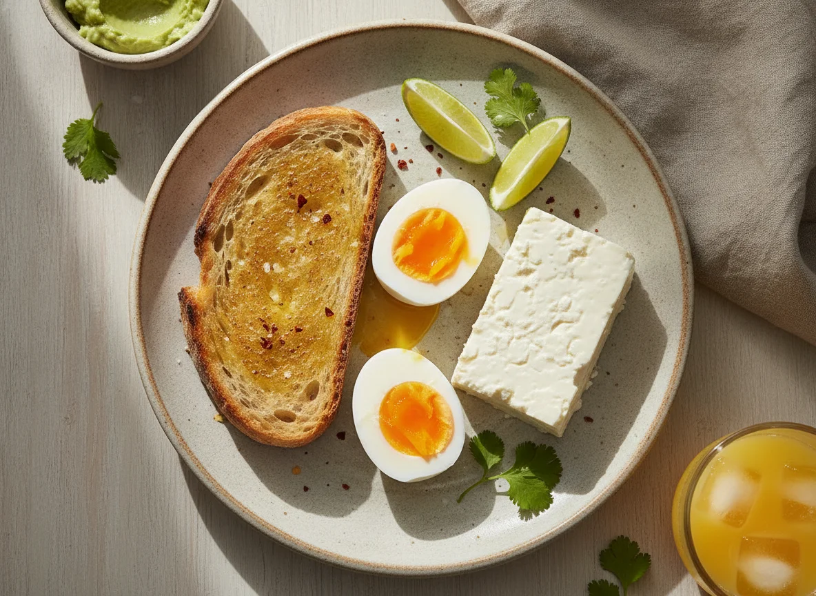 Desayuno con huevos, tostada y queso photo