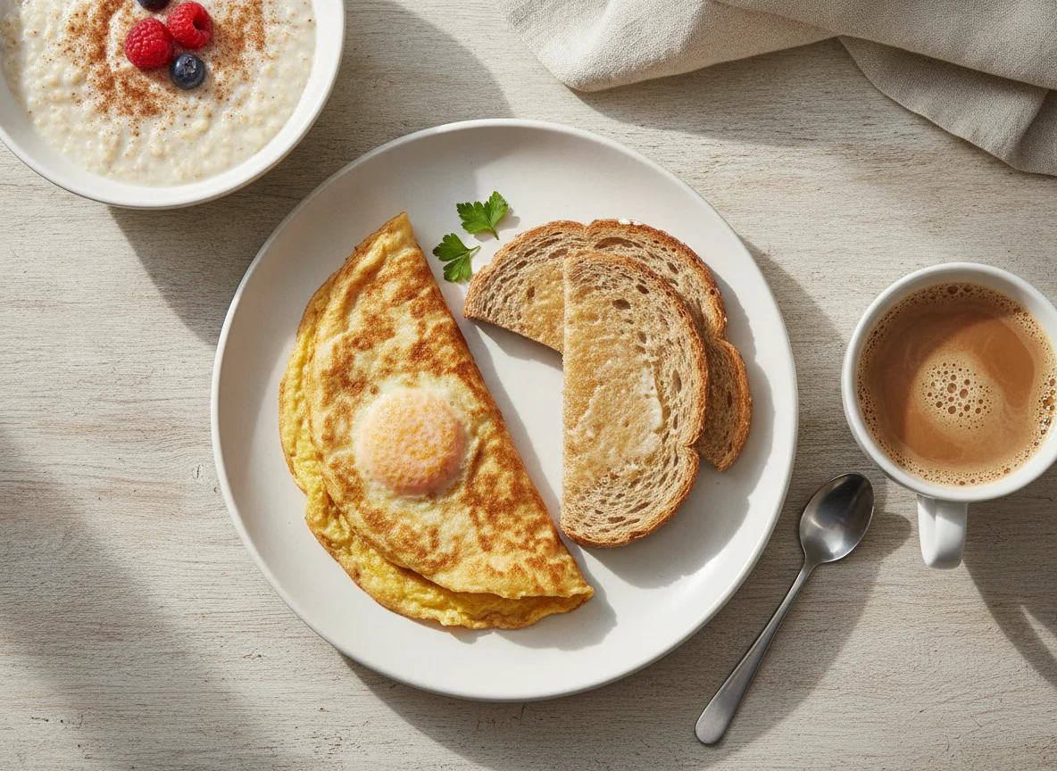 Desayuno con huevos, tostadas, avena y café photo