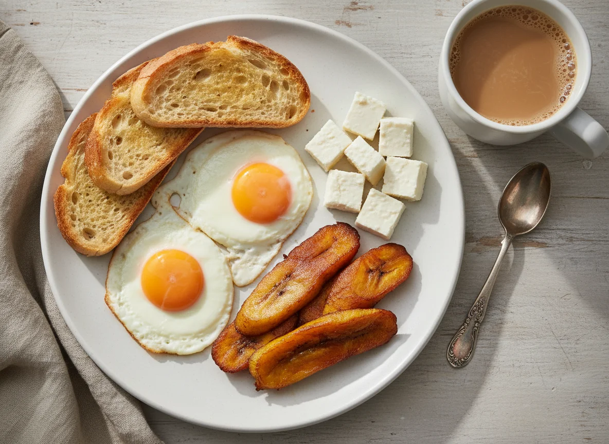 Desayuno con huevos, tostadas, queso, plátano maduro y café con leche photo
