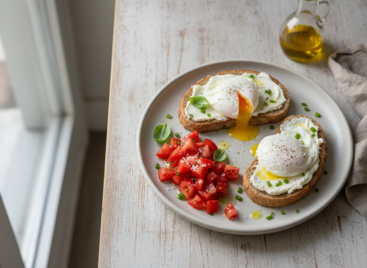 Desayuno con huevos, tostadas y tomate photo