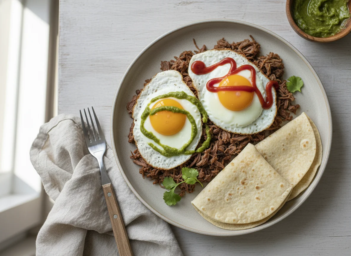 Desayuno con huevos y carne deshebrada photo