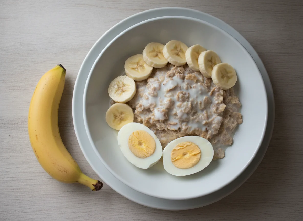 Desayuno con huevos y cereal photo