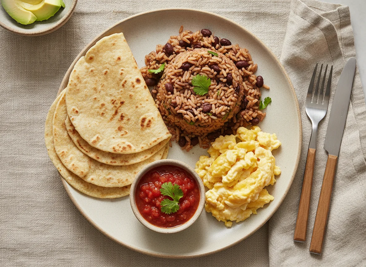 Desayuno con huevos y gallo pinto photo