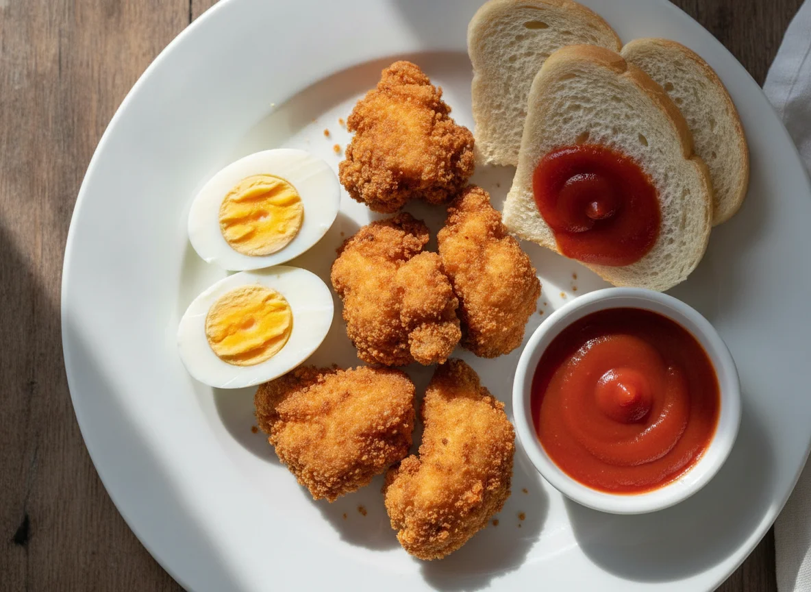 Desayuno con huevos y pollo frito photo
