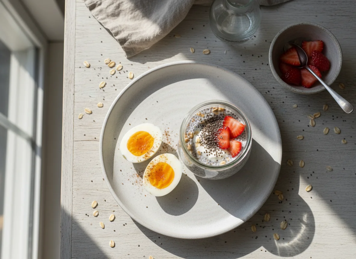 Desayuno con huevos y pudín de chía photo