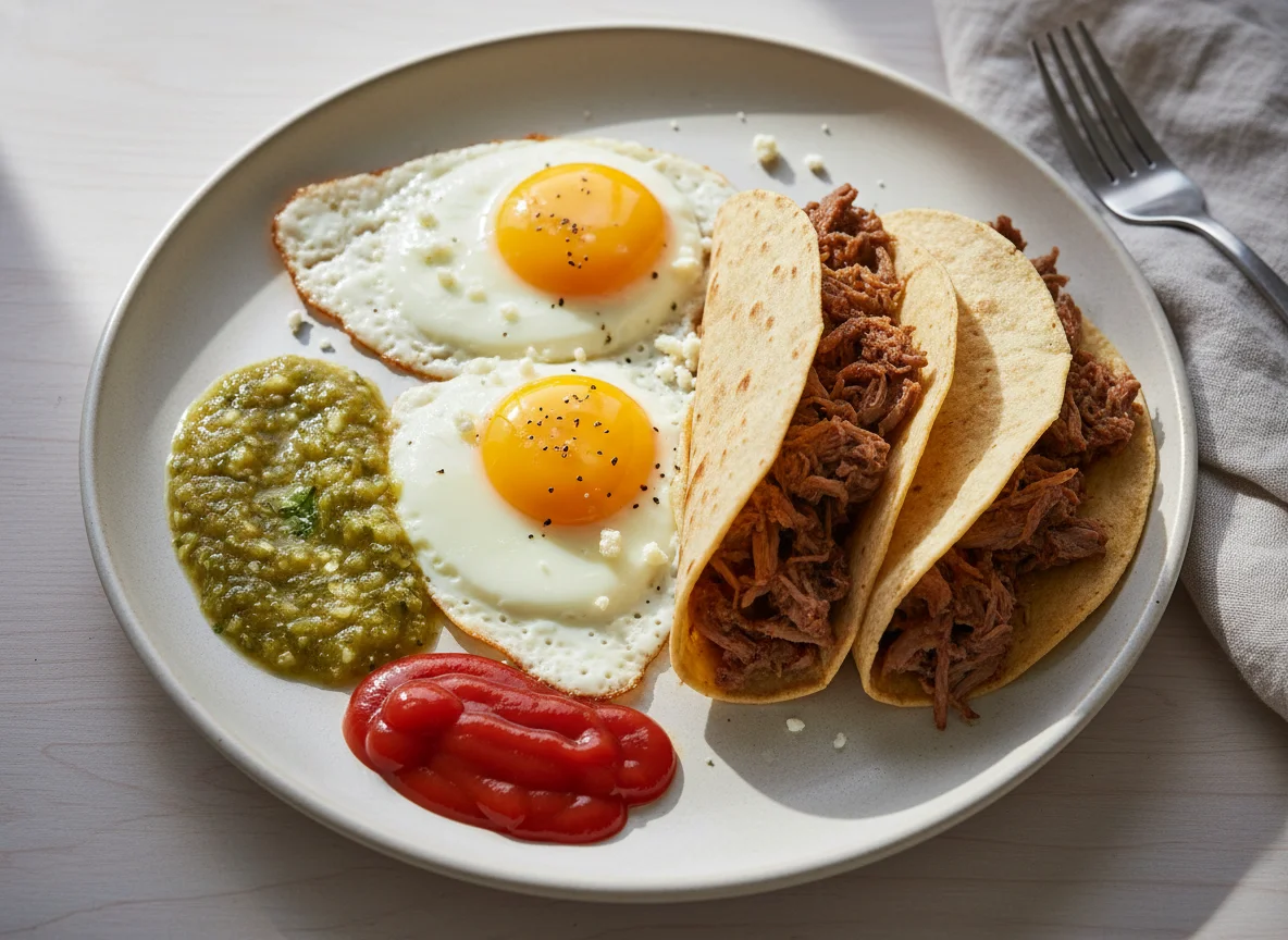 Desayuno con huevos y tacos de carne photo