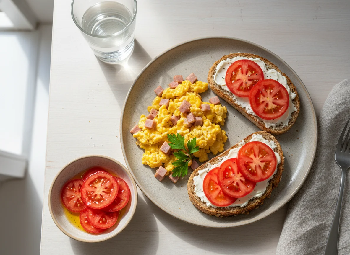 Desayuno con huevos y tostadas photo