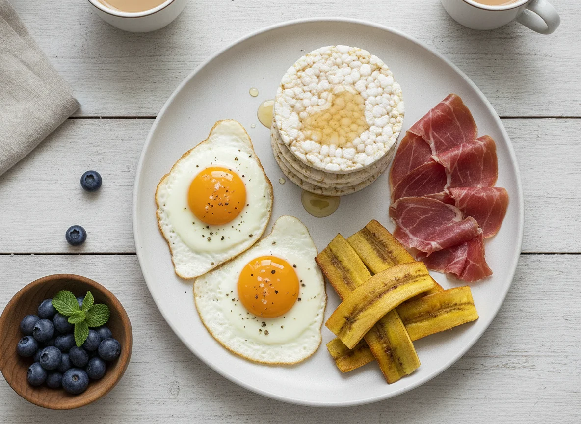 Desayuno con jamón, huevo y plátano photo