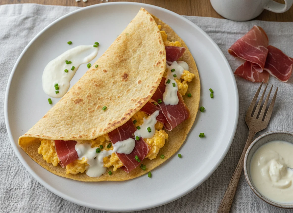 Desayuno con jamón, huevo y tortilla photo