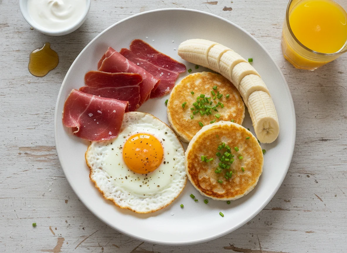 Desayuno con jamón serrano, huevo frito, tortitas de arroz y plátano photo