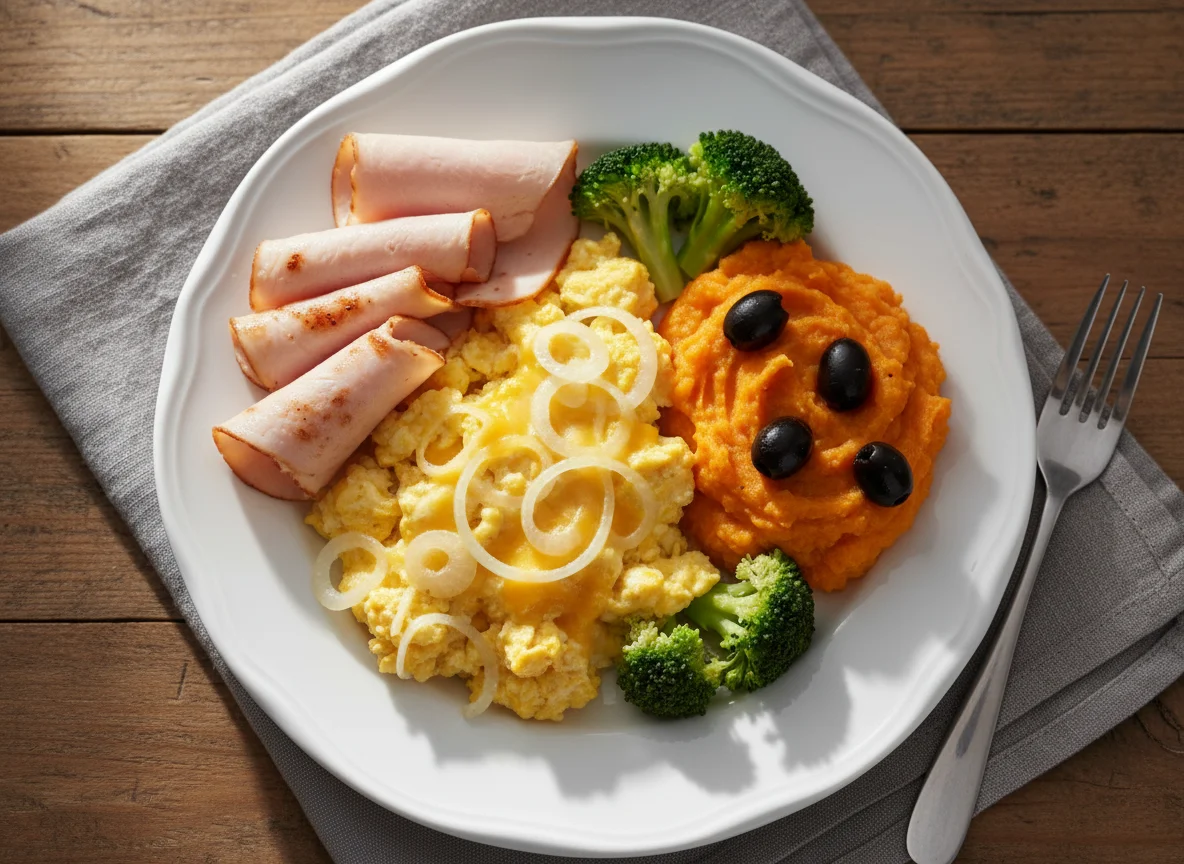 Desayuno con jamón, vegetales y puré de camote photo