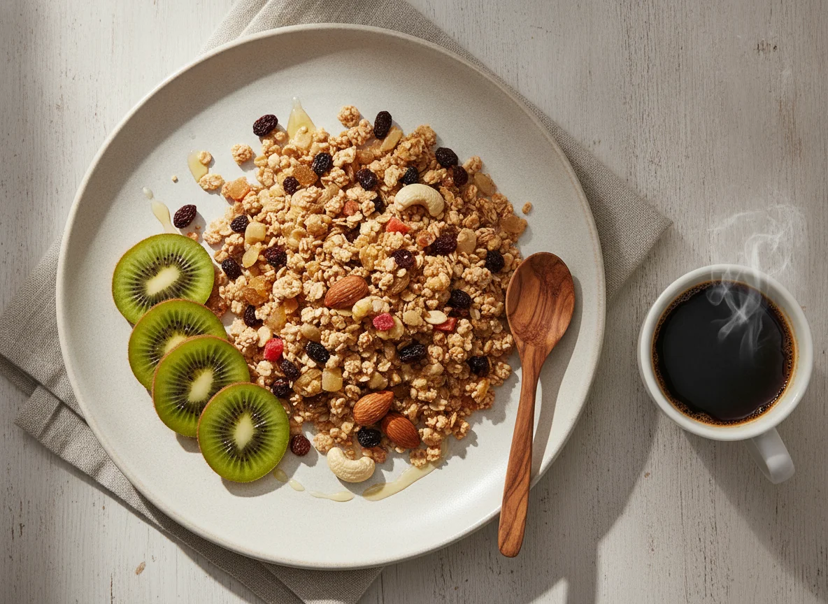 Desayuno con kiwi, café y muesli photo