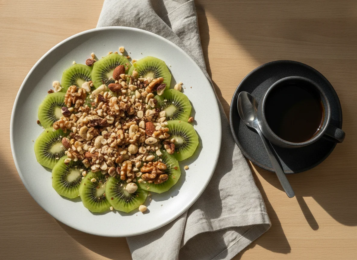 Desayuno con kiwi, frutos secos y café photo