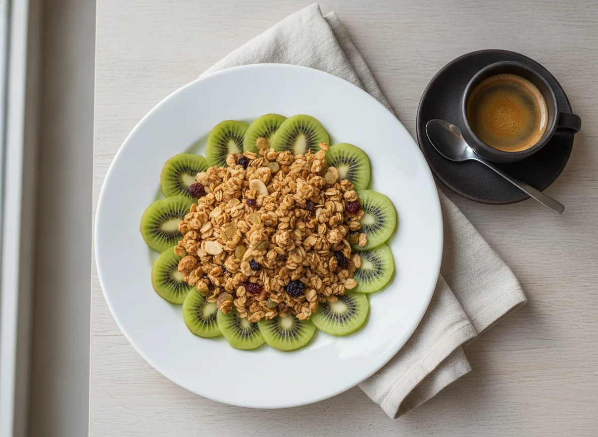 Desayuno con kiwi, granola y café photo