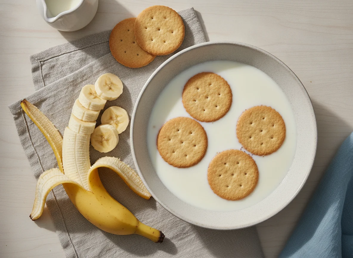 Desayuno con leche, plátano y galletas photo