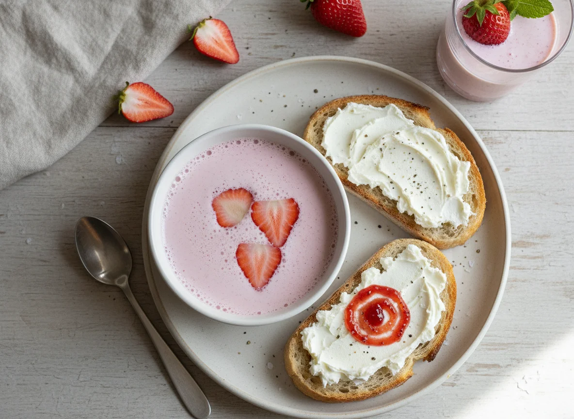 Desayuno con leche saborizada y tostadas con queso crema photo