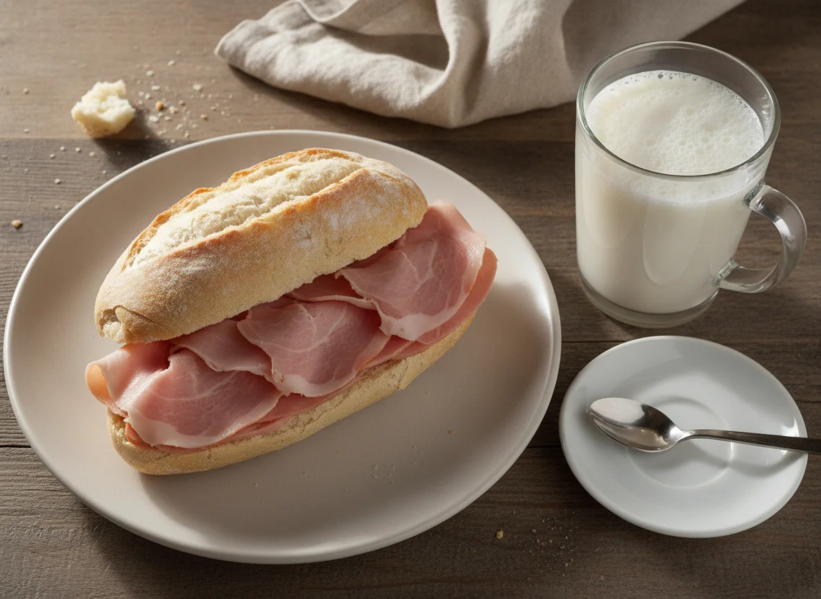 Desayuno con leche y bocadillo de jamón photo