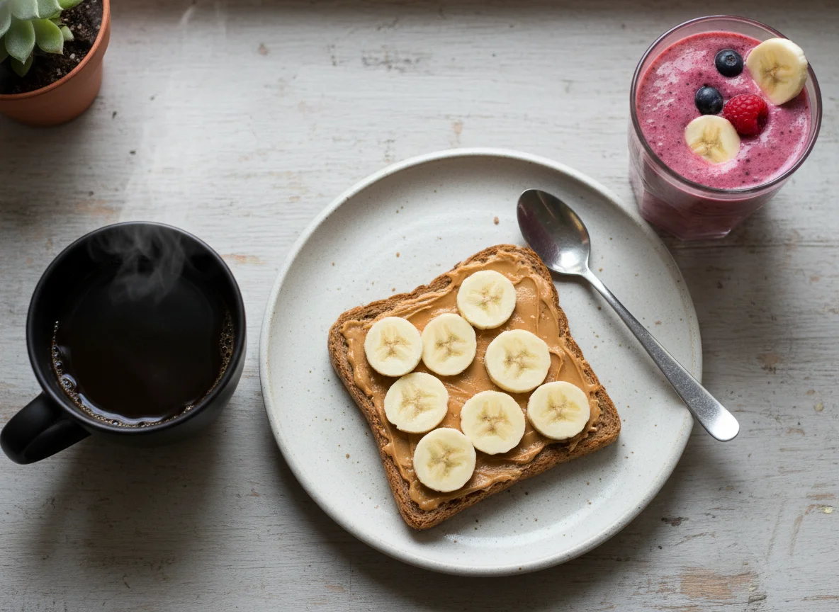 Desayuno con licuado, tostada de plátano y café photo