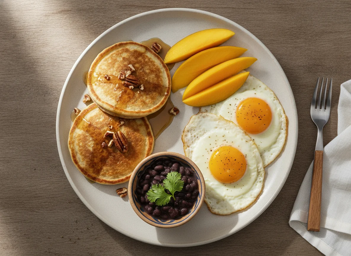 Desayuno con mango, huevos fritos y panqueques photo
