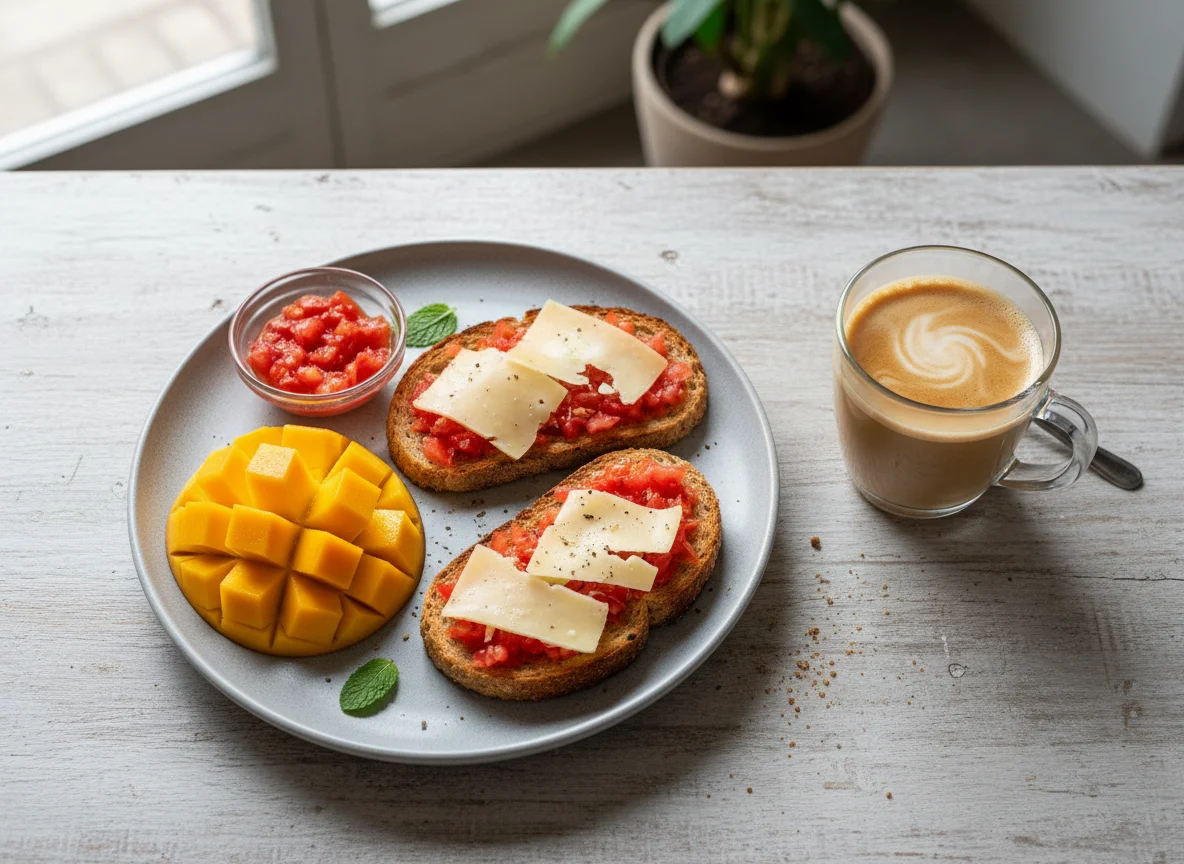 Desayuno con mango, tostada de queso y café con leche photo
