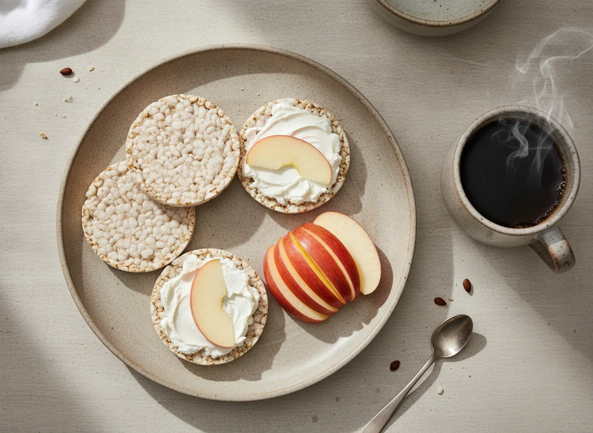 Desayuno con manzana, galletas de arroz y café photo