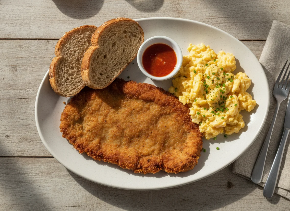 Desayuno con milanesa y huevos revueltos photo