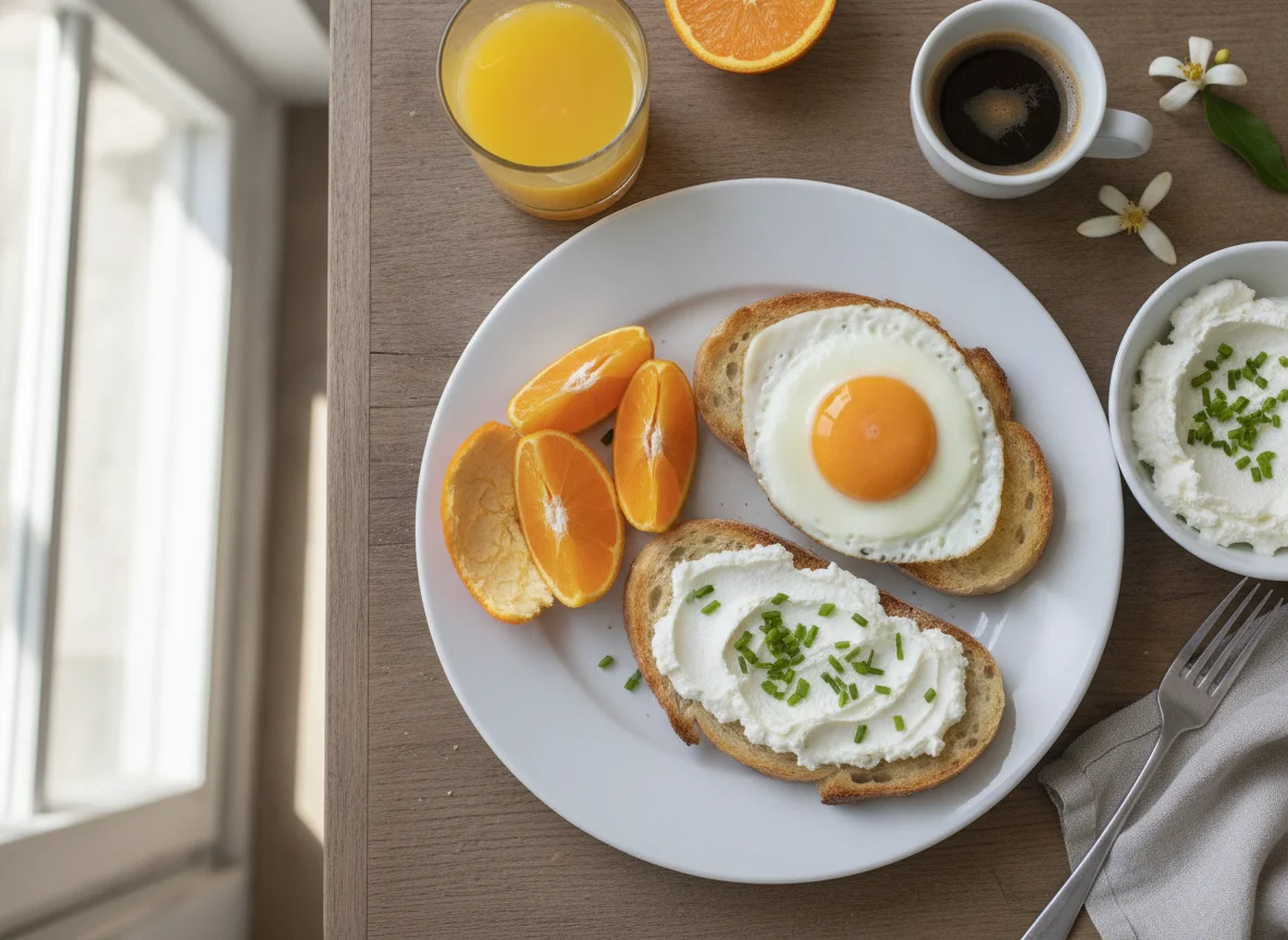 Desayuno con naranja, pan tostado con requesón y huevo photo