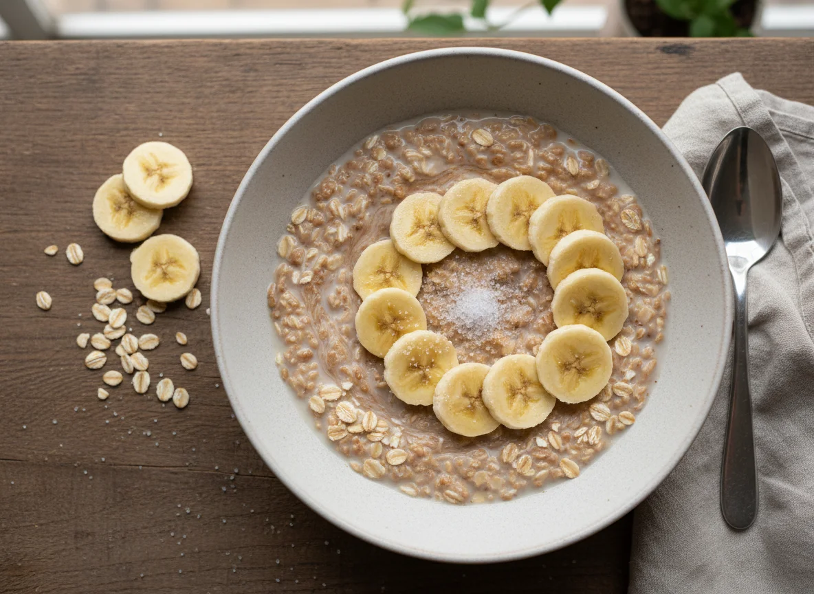 Desayuno con Nestum, avena, leche, azúcar y banana photo