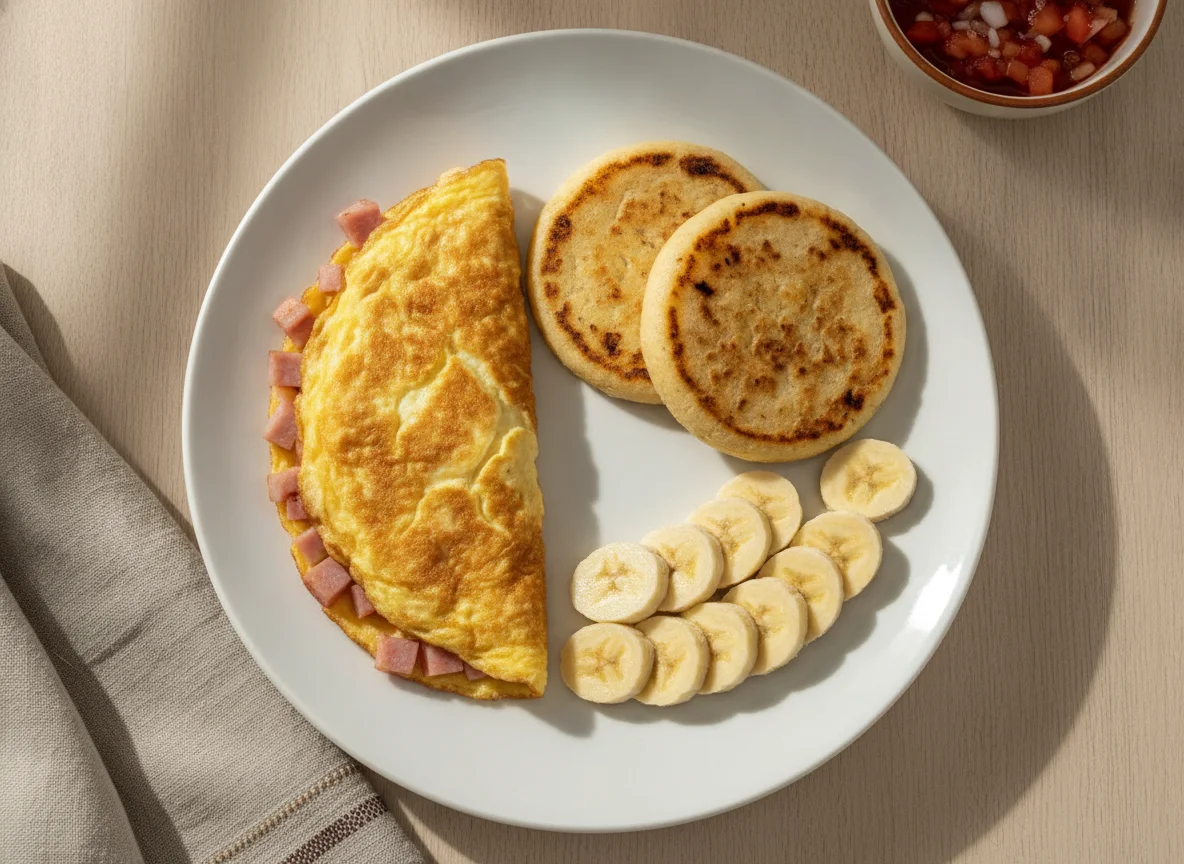 Desayuno con omelette, arepa y banano photo
