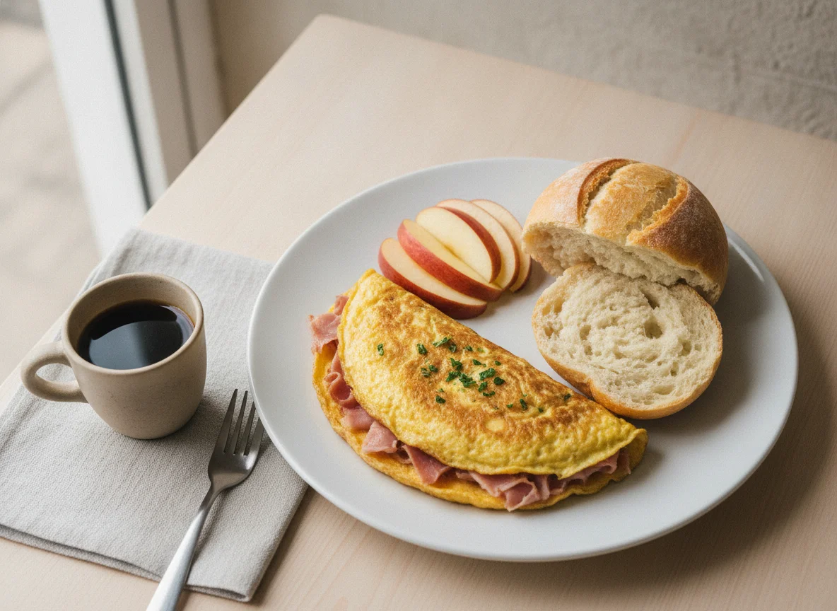 Desayuno con omelette, bolillo y manzana photo