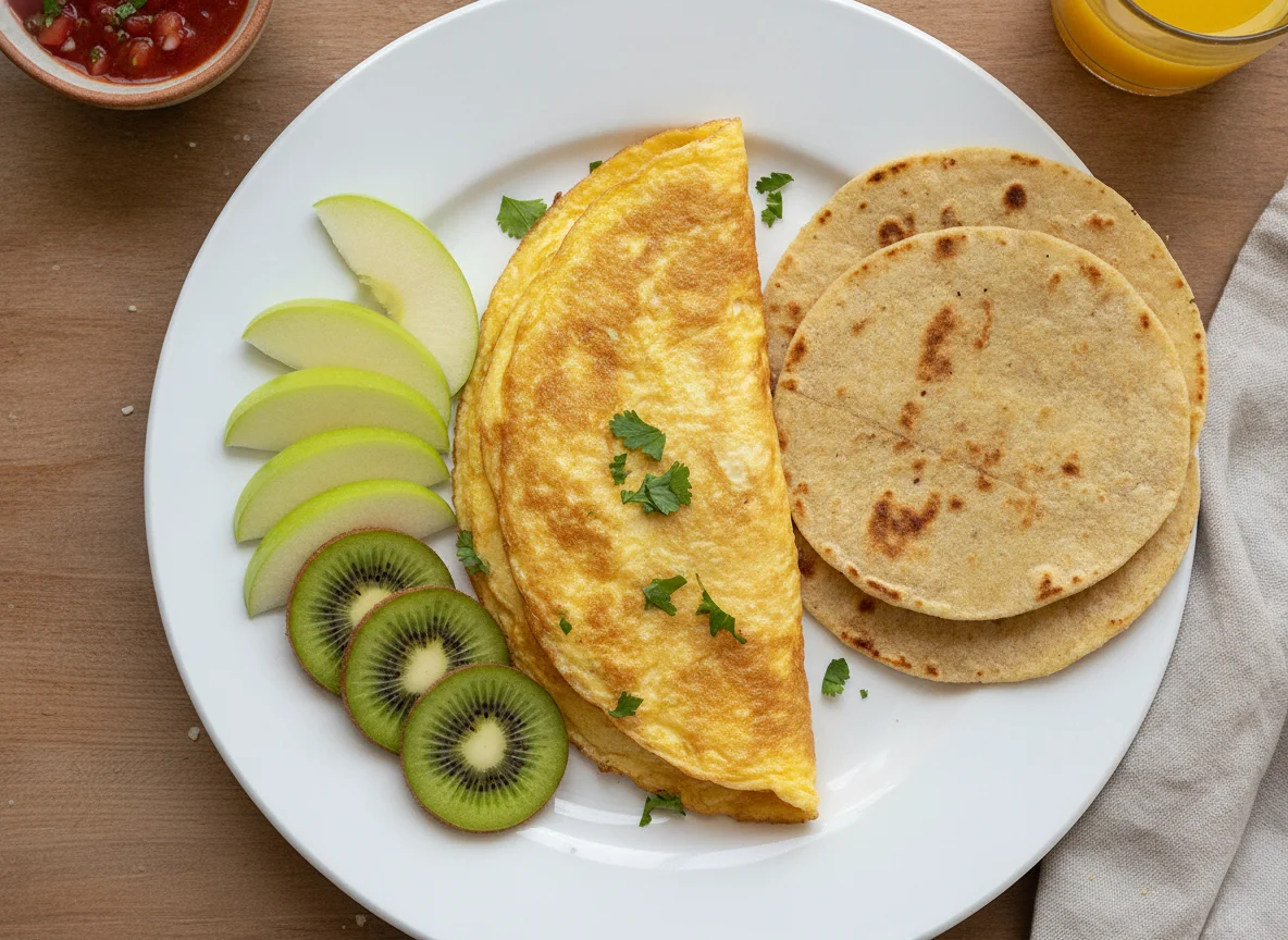 Desayuno con omelette, fruta y tortilla photo