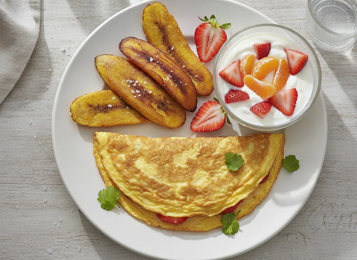 Desayuno con omelette, plátano frito y fruta photo