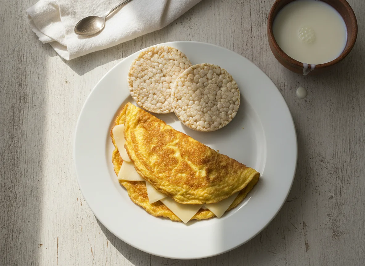 Desayuno con omelette, queso, galleta de arroz y leche photo
