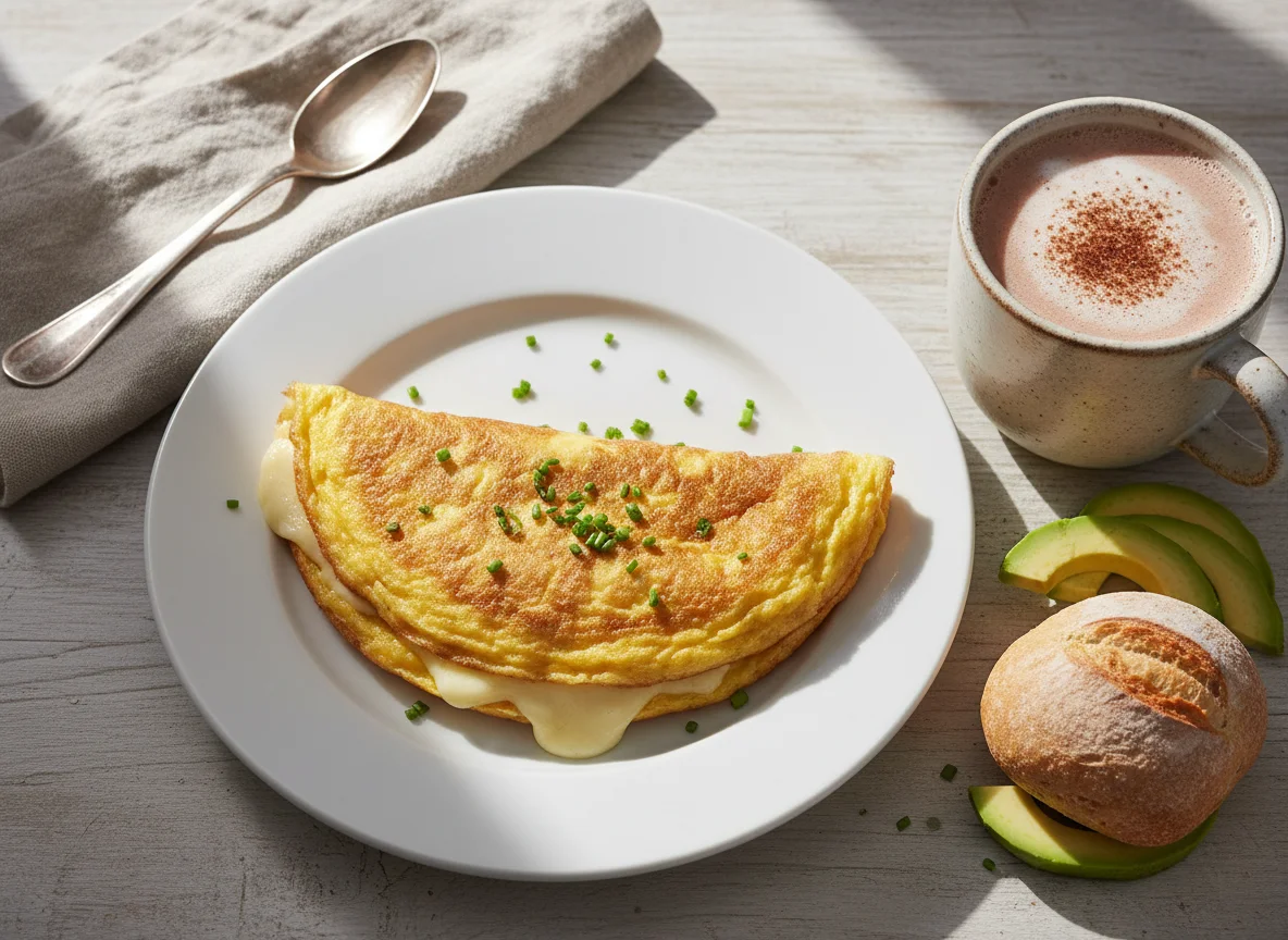 Desayuno con omelette y bebida caliente photo