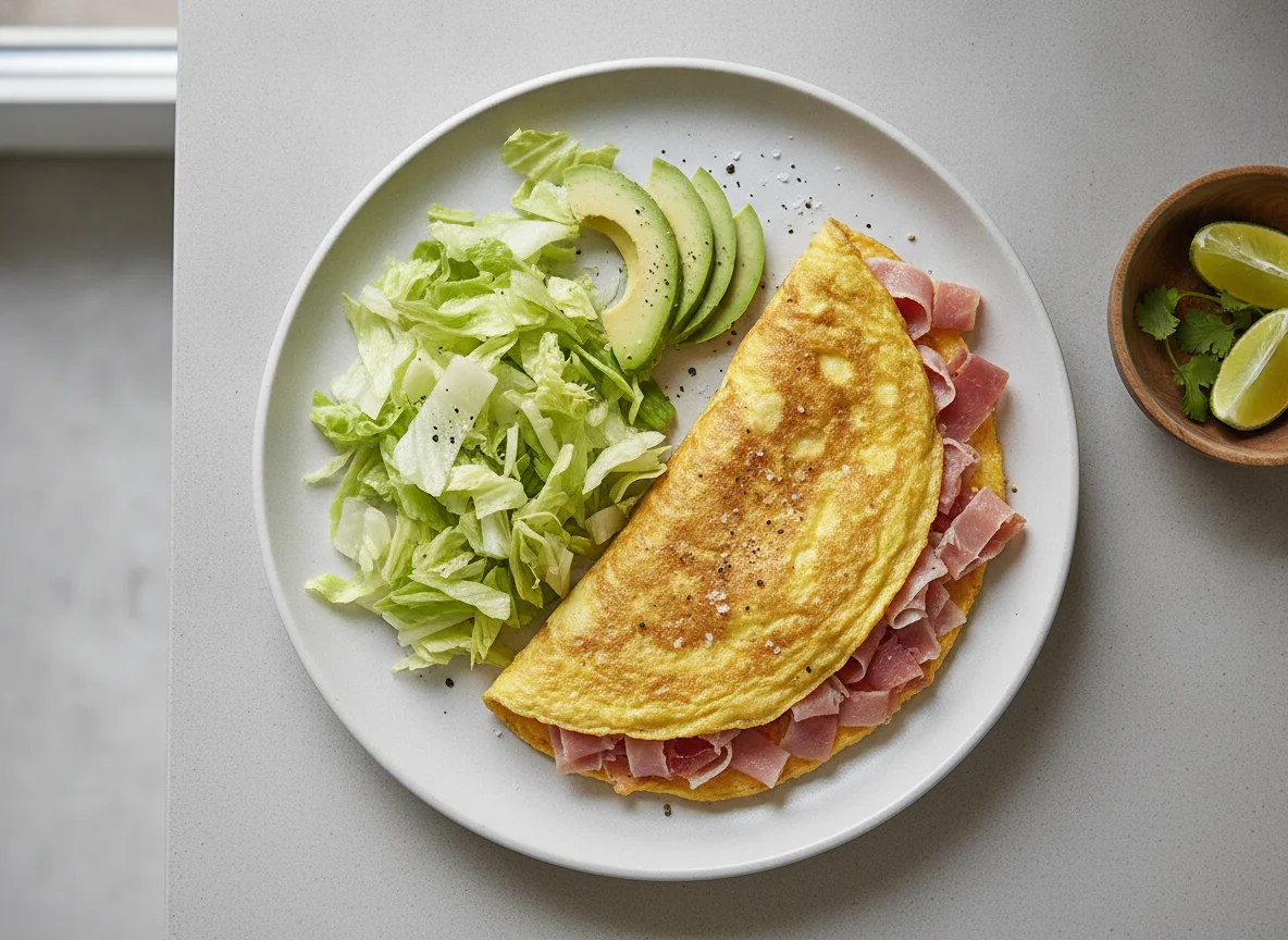 Desayuno con omelette y ensalada photo