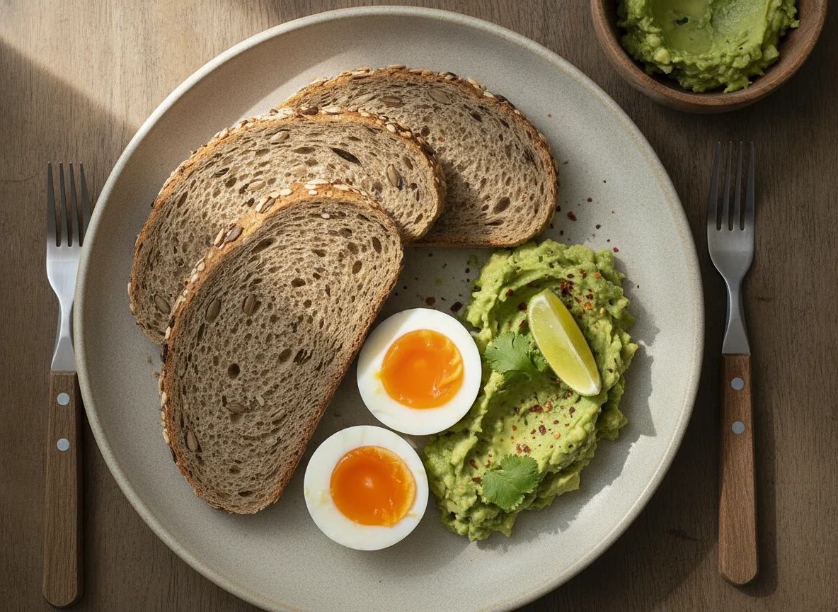 Desayuno con palta, huevo y pan integral photo