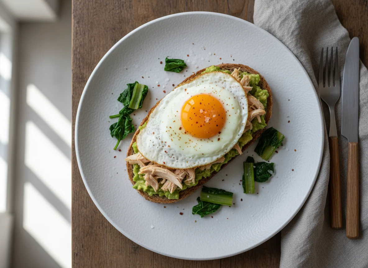 Desayuno con pan, aguacate, pollo y huevo photo