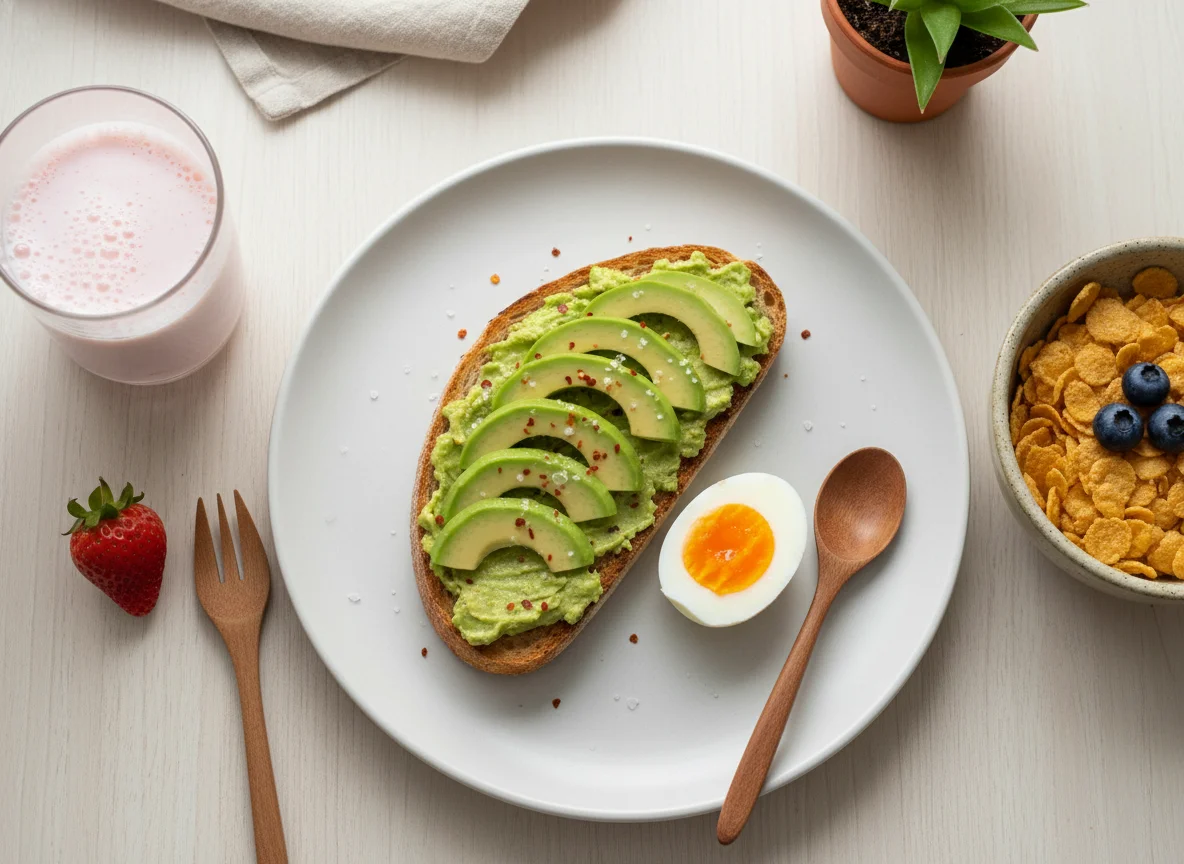 Desayuno con pan con palta y cereal photo