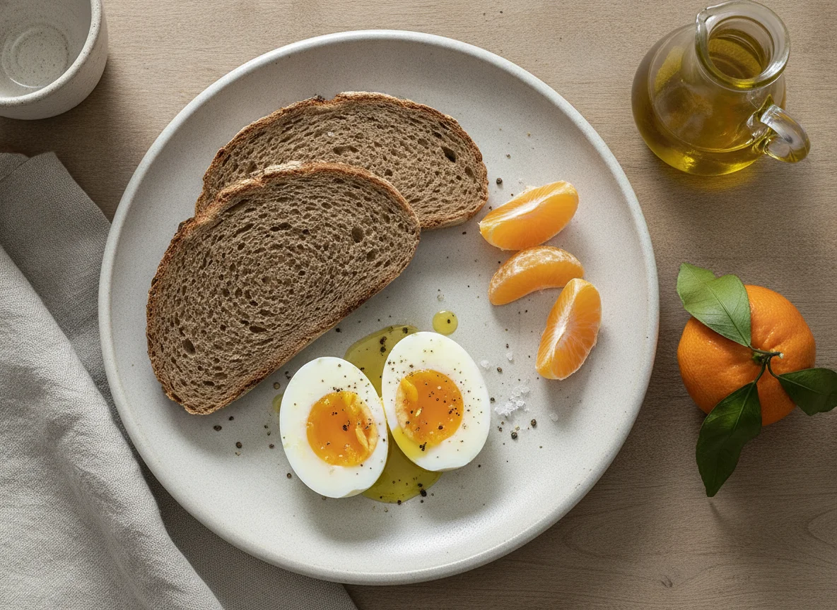 Desayuno con pan de centeno, huevo y mandarina photo