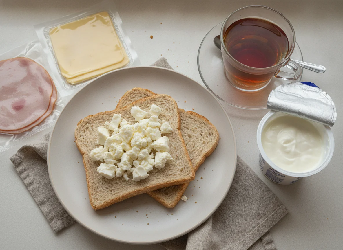Desayuno con pan de molde, queso fresco y té photo