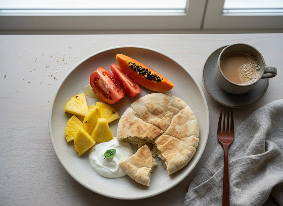 Desayuno con pan, fruta y café photo