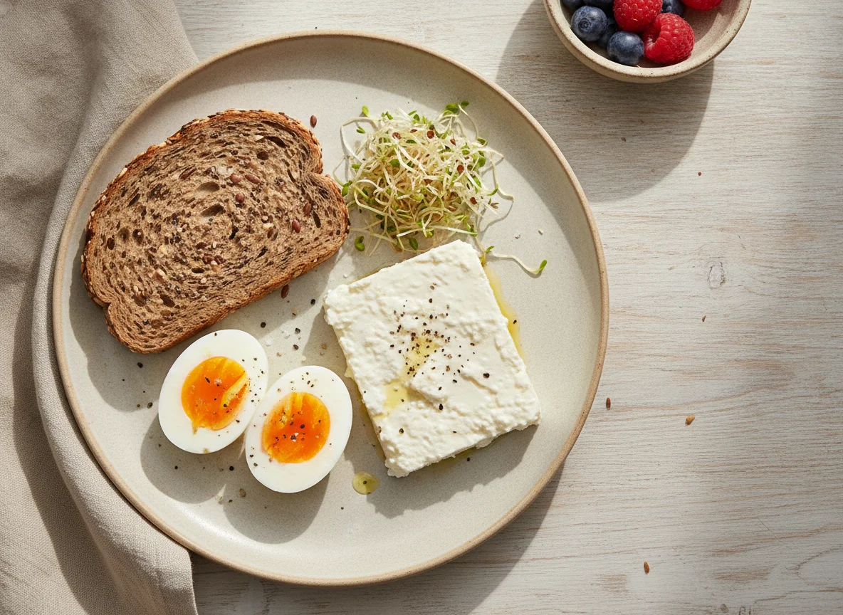 Desayuno con pan, huevo, brotes y queso photo