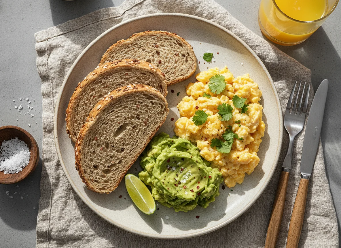 Desayuno con pan integral, aguacate y huevo photo