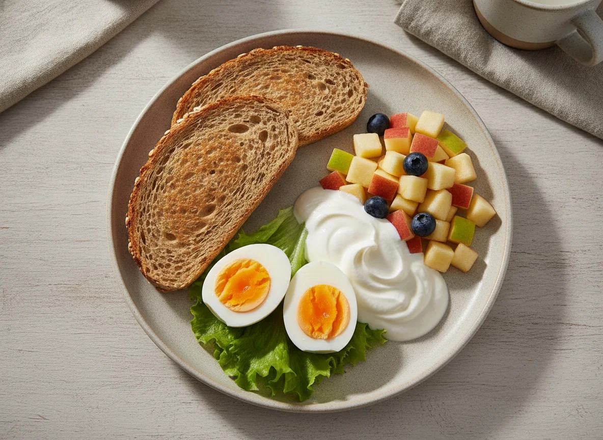 Desayuno con pan integral, huevo cocido y ensalada de frutas photo