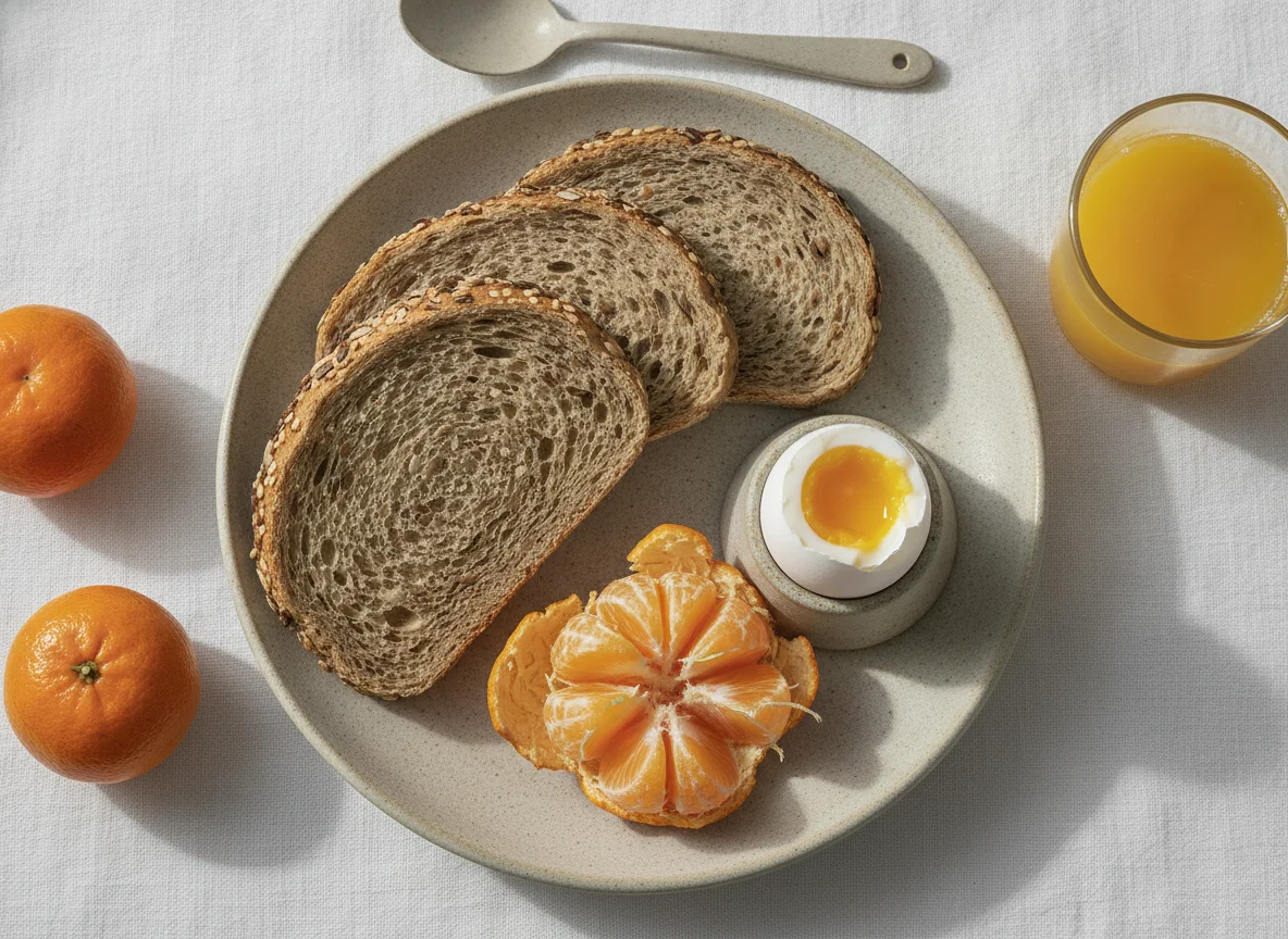 Desayuno con pan integral, huevo cocido y mandarina photo