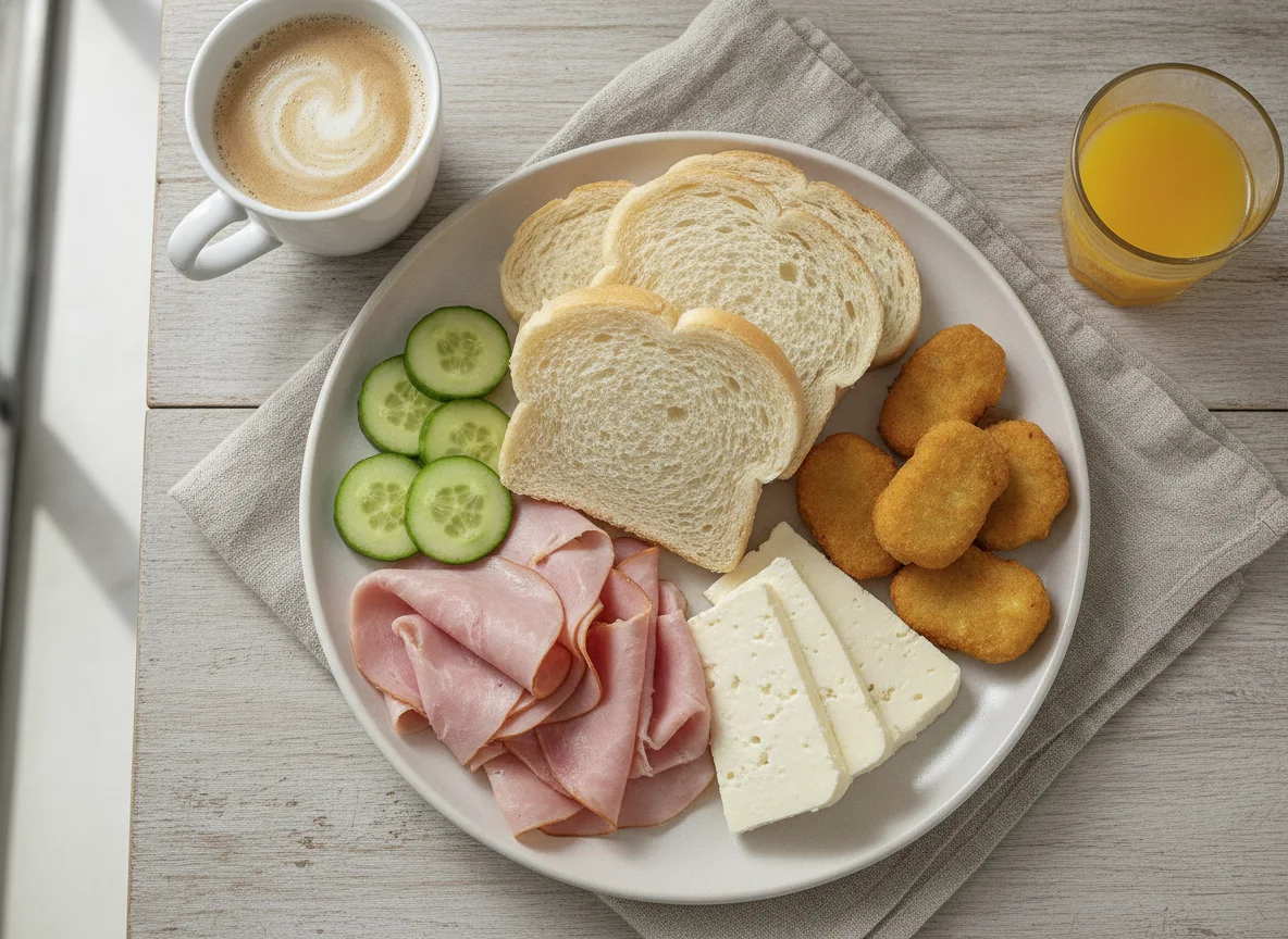 Desayuno con pan, jamón, queso, nuggets y pepino photo