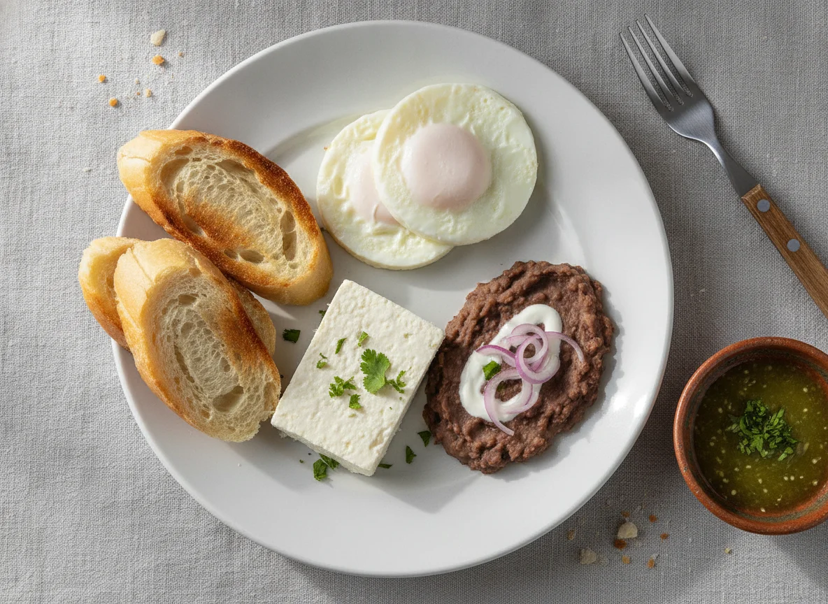 Desayuno con pan, queso, huevos y frijoles photo